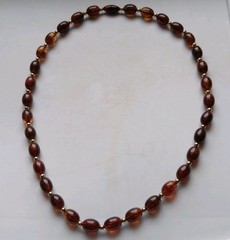 Vtg Mid-Century Faux Amber Lucite Necklace Statement Rootbeer Barrel 24″ 30g