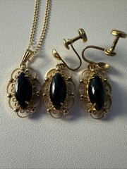 Vintage Sorrento 12k GF Marques Black Onyx Necklace Earring Set