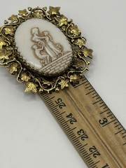 Vintage Cameo Brooch Pendant Gold Tone Plastic Cameo Greek Scene Ivy Frame 2”