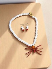 Vintage Spider Pendant Bleached Lava Beaded Necklace 17″ & Matching Earrings