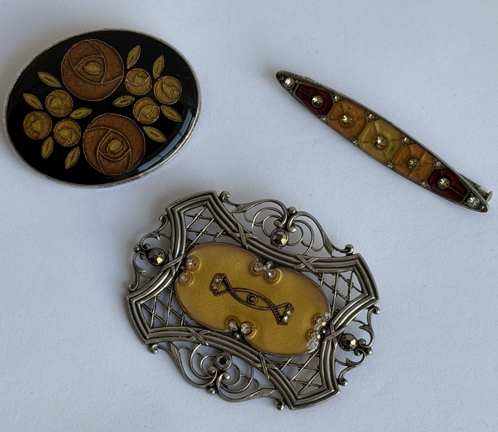 VTG Pierre Bex / Catherine Popesco Style Deco Nouveau Enamel Bar Pin Oval Brooch