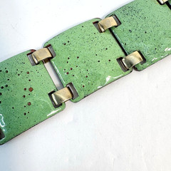 Vintage Enamel on Copper Bracelet Green Panel MCM Mid Century Modern 50s 6 3/4″