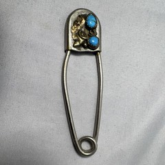 Silver Tone Safety Pin Pin w/ 2 Round Blue Stones 3.5 in Unisex Adults