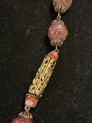VTG Burgundy Glass Bead Necklace: Frit Sugared, Molded, Open Work Metal 26 In