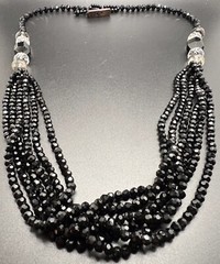 Vintage Black / Clear Crystal Bead Strand Necklace Art Deco Style 29in.