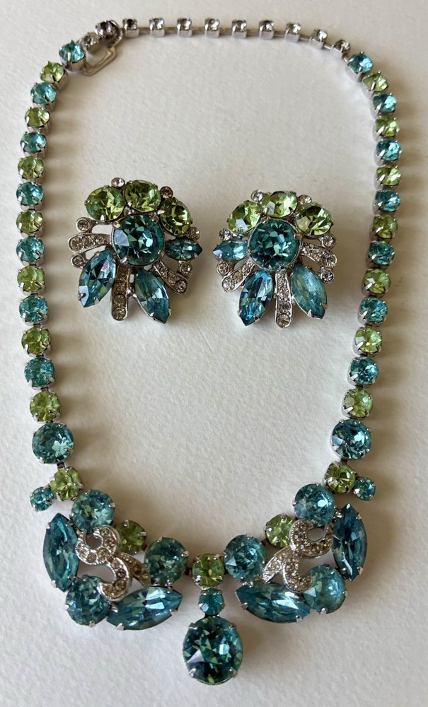 Vintage Designer Eisenberg Ice Sky Blue & Lime Green Necklace & Clip Earring Set