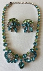 Vintage Designer Eisenberg Ice Sky Blue & Lime Green Necklace & Clip Earring Set