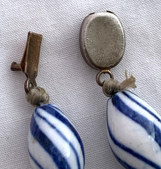 VTG Chinese Porcelain Blue White Stripes Oval Bead Necklace Hand-Knotted Silk