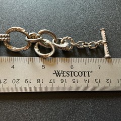 Vtg SilverT Bracelet 74 Grams 7.25”L Chunky Rhinestone Faux Pearl Rings Toggle