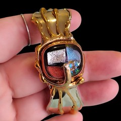 7.5in Copper Brass Modernist Brutalist Dichroic Art Glass Cuff Bracelet Retro