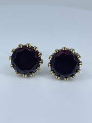 Red Glass cufflinks Faceted round prong set open gold tone 1-1/8″