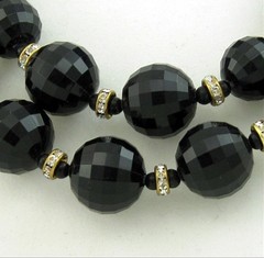 Vintage Necklace 1950s Black Lucite 2 Strand Rhinestone Rondel Beads Adjustable