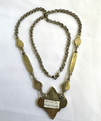 Vintage Pakistan Lapis Lazuli Flower Necklace, Boho Ethnic Inlay, Blue Stone