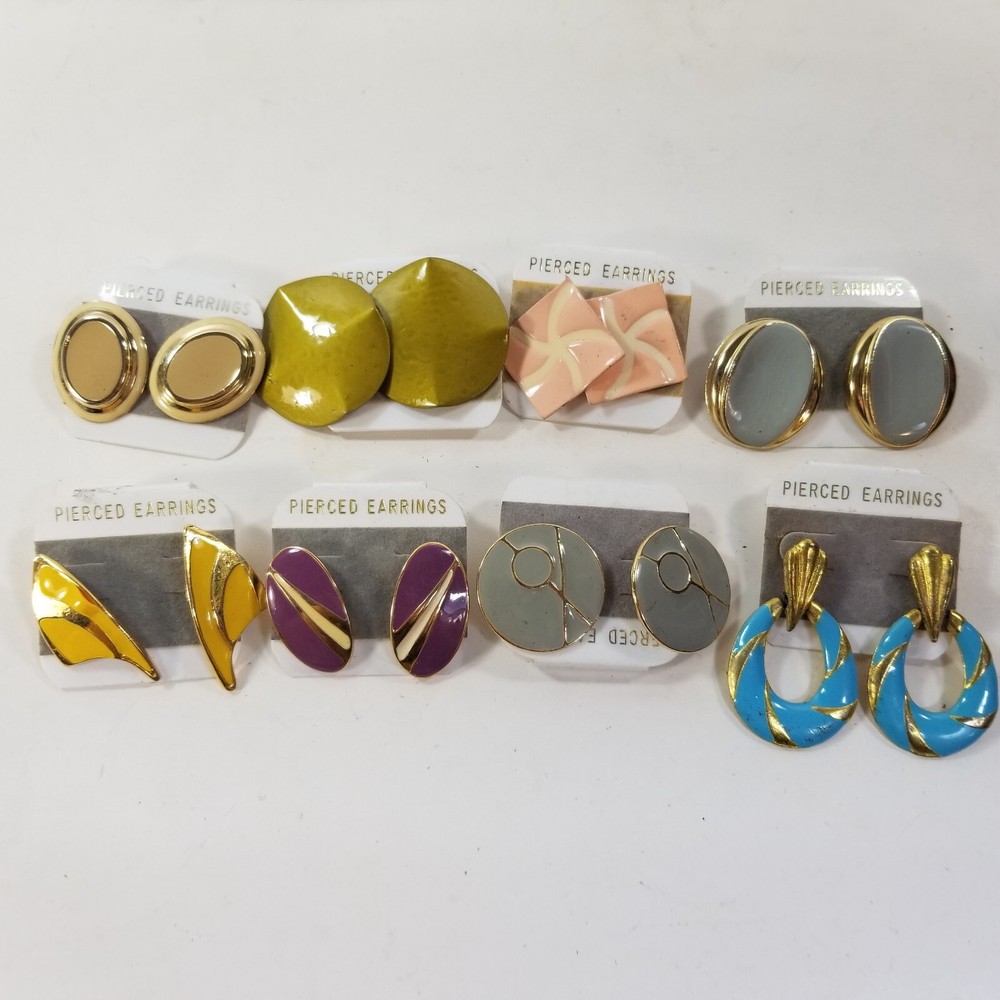 Lot of 8 Vintage 1980s 1990s Enamel Pierced Earrings Retro Set NEW On Card