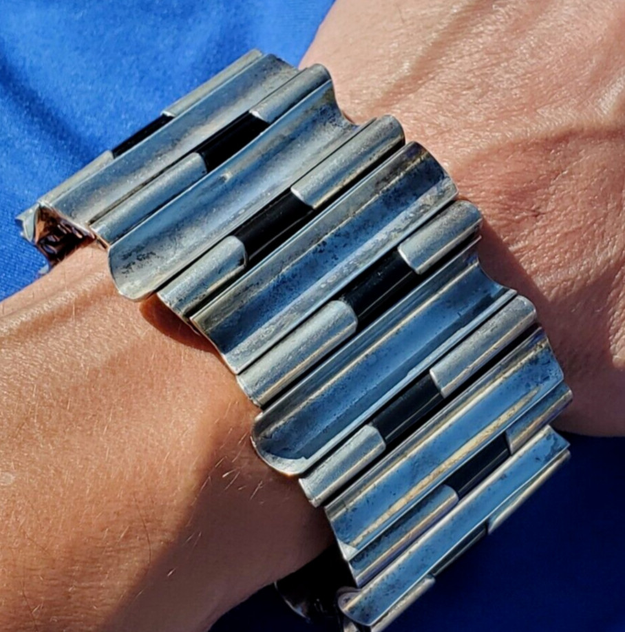 RARE Original ANTONIO PINEDA Taxco Mexico STERLING SILVER Onyx Vintage Bracelet