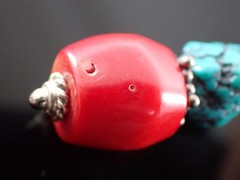 Vintage Sterling Drop Earrings Red Bead & Turquoise Matrix Stones Artisan