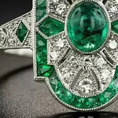 Art Deco Style Oval Cut Emerald & Lab Created Diamond 925 Silver Engagement Ring