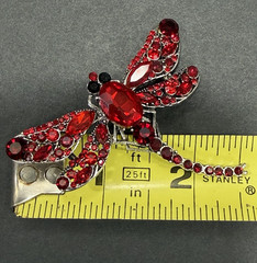 Red Rhinestone Dragonfly Brooch Pendant Faceted Center Stone Silver Tone 2.5″
