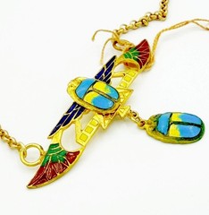 Antique Art Deco French Egyptian Revival Enamel Scarab w/ Wings Necklace NOS