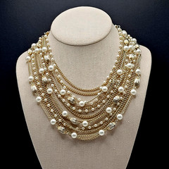 Elegant Multi Chain Bead Faux Pearl Gold Tone Layered Necklace Vintage 18 Inch
