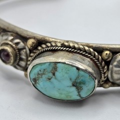 Vtg Tibetan Mixed Metal Cuff Bracelet Turquoise Garnet Tri Metal Nepal Bangle