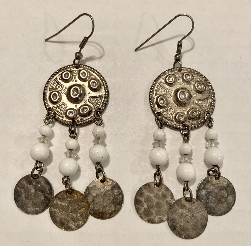 Metal & White Bead Dangle Earrings