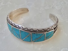 Heavy Inlay Channel Set TURQUOISE ZUNI Stamped STERLING Silver Overlay BRACELET
