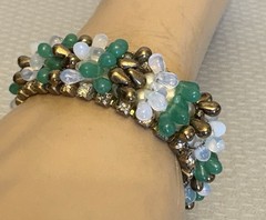 50s Vintage Signed Germany Wired Green Glass Bead Rhinestone Pearl Bracelet 7”