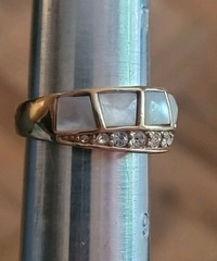 Vintage 18K Rolled Gold Plate Ring Wt 7.4 Grams Mop Inlay / Rhinestone Size 8