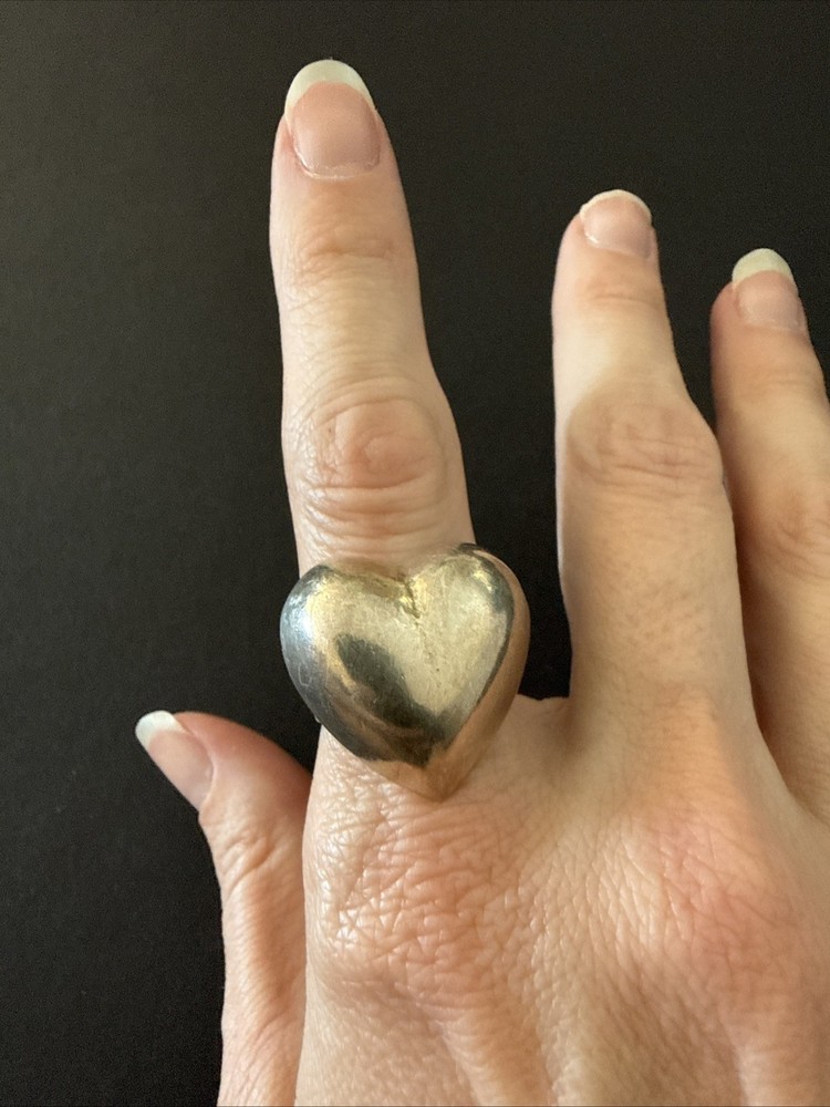 Vintage Puffy Heart Sterling Silver Ring With Bell Inside, Signed Mexico 925