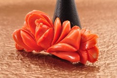 Red Coral OBIDOME carved “Rose” and Certificate ( 56mm ( 2.20in) total 121.5ct).