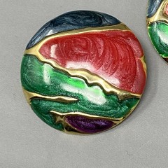 Retro Stud Button Earrings Red Green Blue Purple Gold Swirl Enamel 1980s Pierced