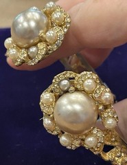 Vintage Signed HOBE Gold Tone & Faux Pearl Rhinestone Hinged Clamp Bracelet Sz M