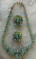 Vintage Designer Eisenberg Ice Sky Blue & Lime Green Necklace & Clip Earring Set