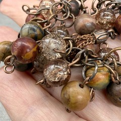Vintage Bracelet Beaded Cluster Jasper and Clear Crackle Beads Tassel Charm