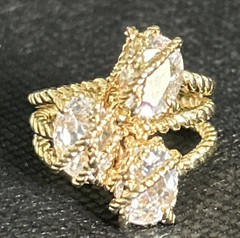 Vintage Gold Tone Rope Cocktail Statement, Ring Clear Glass Stones Size 7.5
