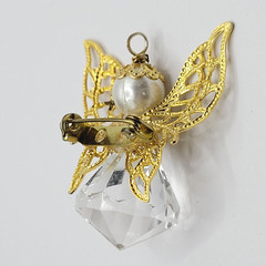 Angel Filigree Wings Gold Tone Faux Pearl Acrylic Vintage Pendant Brooch Pin