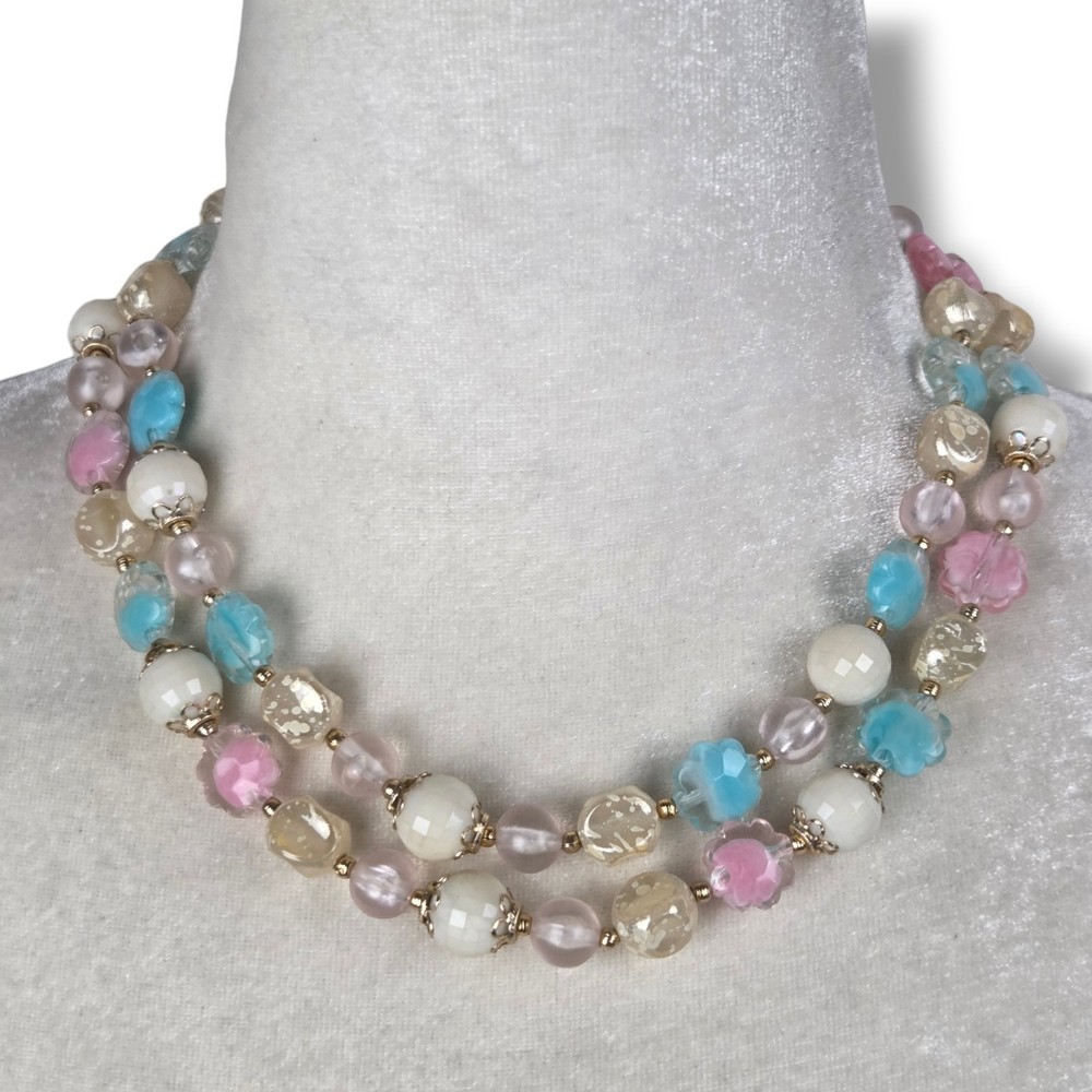 Vintage Double Strand Lucite Necklace Pastel Cotton Candy Pink Blue Hong Kong