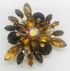 Large Beau Jewels Topaz & Amber Rhinestone Brooch 2 1/8 Inches Vintage Jewelry