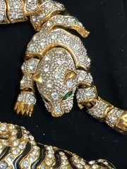 Vintage Articulated Bracelet & Broach Green Eyed Tiger 8″ w/ Rhinestones #JC9