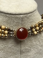 Vintage Carnelian Jasper Gemstone Abstract Triple Strand Gold Tone Necklace 20”