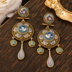 Vintage European Floral Bird Enamel Disc Drop Earrings Gold Victorian Jewelry