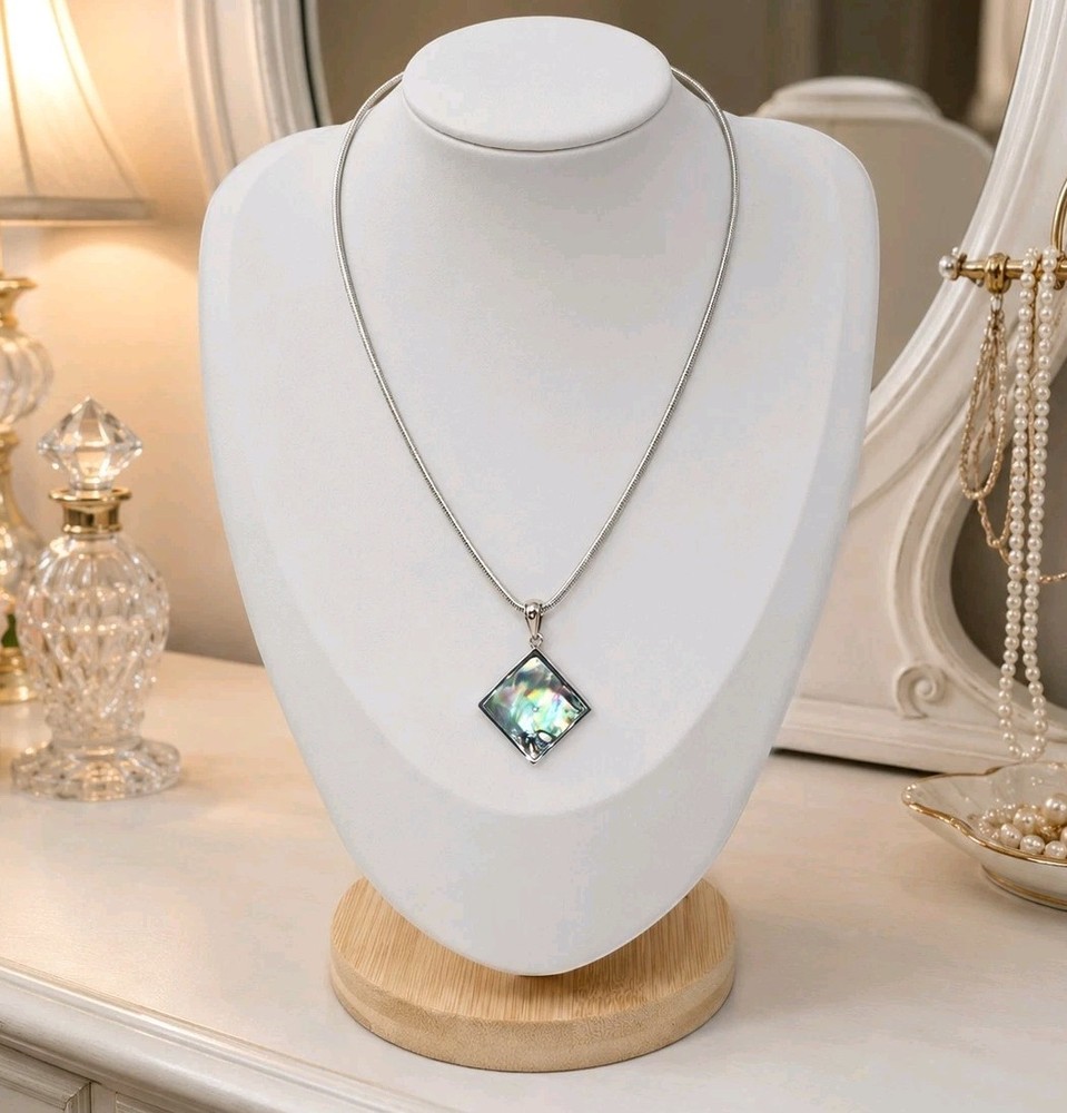 Vintage 925 Italy Sterling Silver Abalone Shell Pendant Necklace 24″ Snake Chain