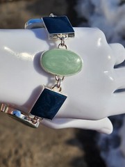 Vtg Enamel Bracelet Green Blue Silver Tone Linked Chunky Heavy 8″ Retro Geometry