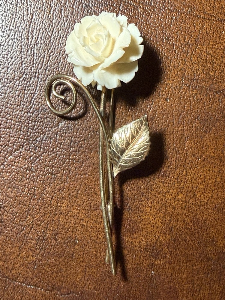 Vintage Winard Brooch 12KT GF Carved White Rose VTG