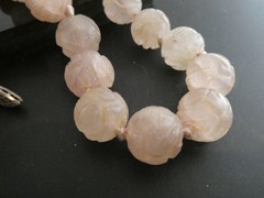 Vintage Chinese Rose Quartz Carved Round 14mm Shou Bead Knotted Necklace 19″