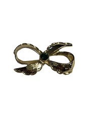 Gerry’s Bow Brooch Pin Green Rhinestone Gold Tone Tied Ribbon Vintage Dainty
