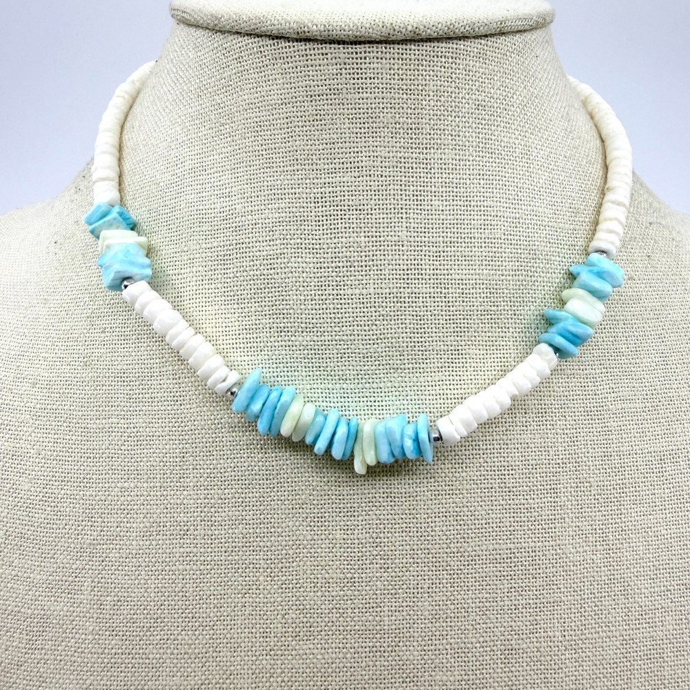 Vintage Silver Tone Turquoise Color Heishi Bead Necklace Shell Chip Strand Boho