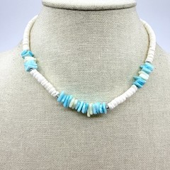 Vintage Silver Tone Turquoise Color Heishi Bead Necklace Shell Chip Strand Boho