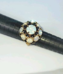 Vintage Stretch Ring Opalite Onyx Gold Tone Strech Band 6, 7, 8